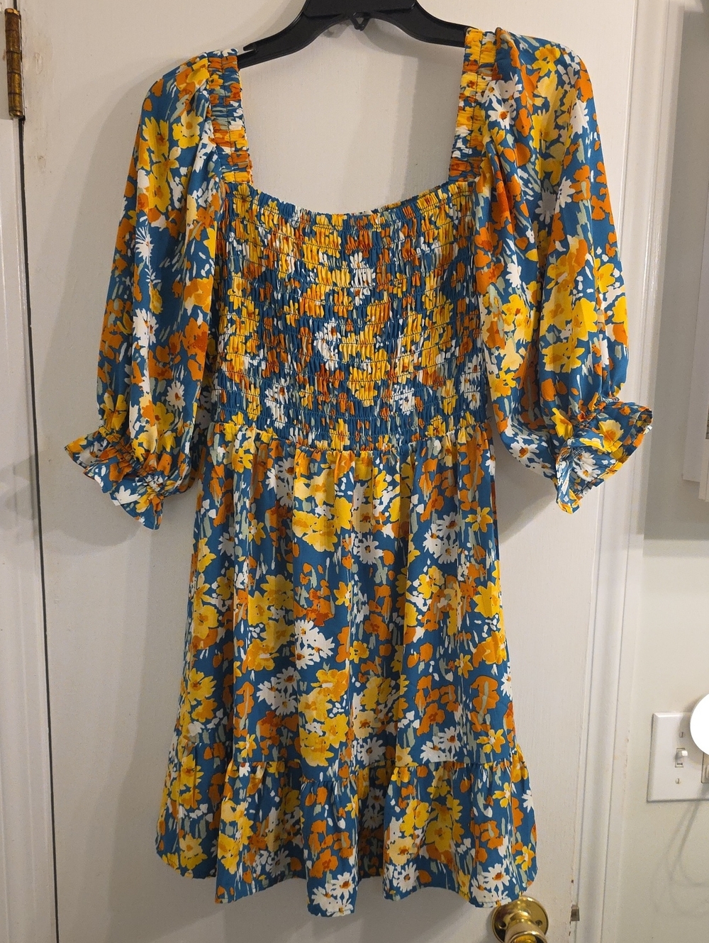 Jessica Simpson Blue Yellow Floral Smocked Mini Dress
